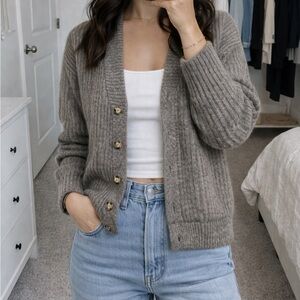 Zara Ribbed Button-Front Cardigan in Taupe/Gray